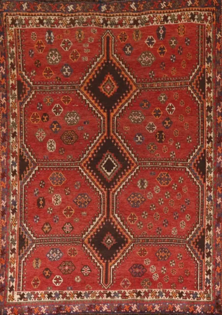 Antique Rug Geometric Abadeh Red Rug Wool Hand-knotted 5'x7' Tribal Carpet