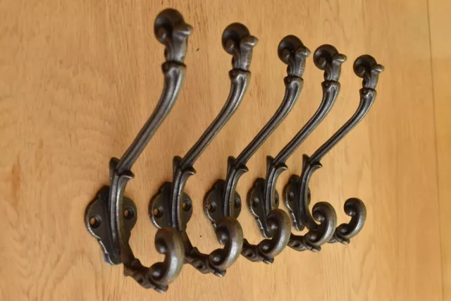 Set Of 5 Lovely Ornate Vine Antique Style Cast Iron Double Coat Hook Coathook