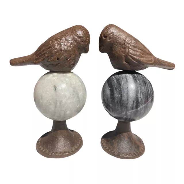 Set Of 2 Vintage Cast Iron Bird On Marble Sphere Figurines / Bookends (Vguc)