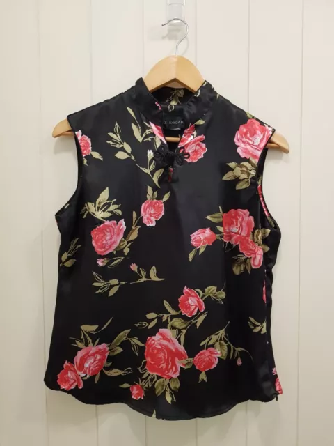 LIZ JORDAN Satin Mandarin Collar Sleeveless Blouse Black Floral Print Size S-M 2