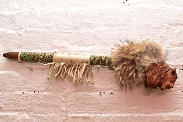 VTG Native American Hand Carved Buffalo Wood BEADED Peace Pipe Leather Fringe