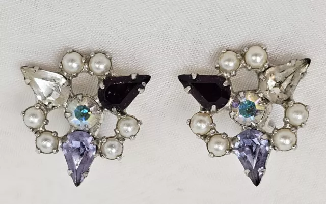 Vintage Estate Jewelry Signed B David  Faux Pearl Rhinestone Clip Earrings