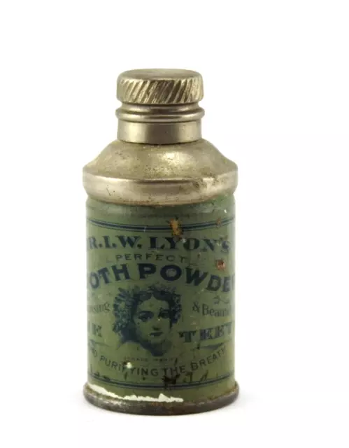 Antique 1899 Tooth Powder Metal Bottle  Antique Dentistry Dr Lyons Small