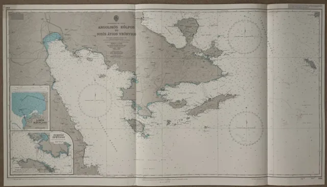 Large Vintage Admiralty Map / Sea Chart Mediterranean Sea Greece Argolikos Kolpo