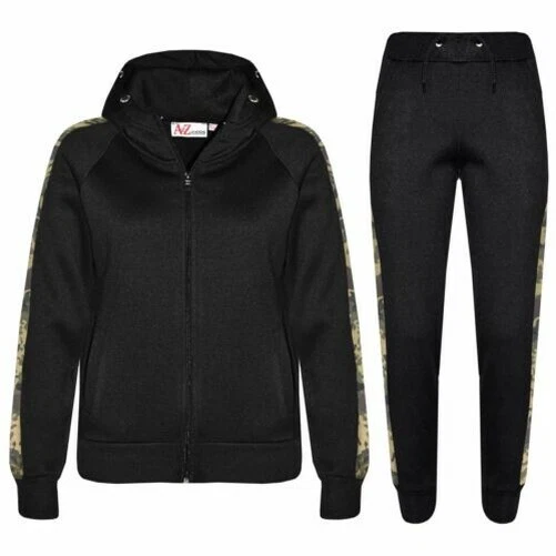 Bambine Ragazzi Tuta da Jogging Nero IN Pile Felpa con Cappuccio Fondo Imbottiti