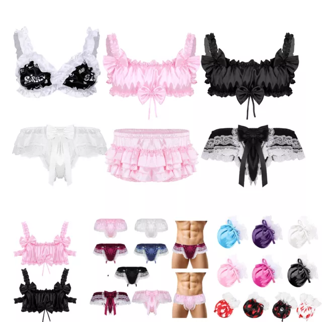 US Men's Sissy Lingerie Set Satin Frilly Bra Top /Panties Crossdresser Nightwear