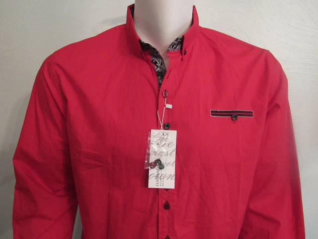 COOFANDY Mens Fashion Slim Fit Dress Casual Shirt Red w Paisley Black Trim L NWT 2