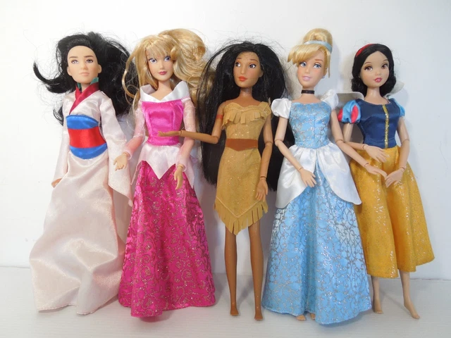 5 DISNEY PRINCESS Dolls MULAN + SNOW WHITE + CINDERELLA + AURORA ...