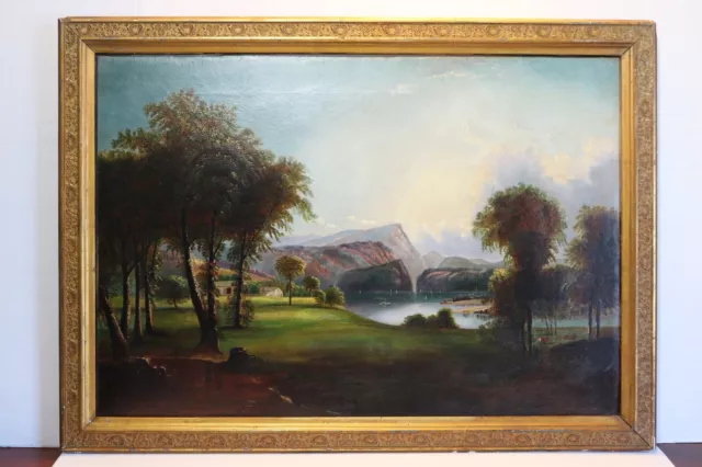 FINE ANTIQUE HUDSON RIVER VALLEY LUMINOUS LANDSCAPE OIL PAINTING w/ PADDLEWHEEL