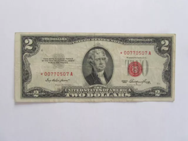 1953-plain **STAR NOTE** $2 Dollar Red Seal- LOW SERIAL#