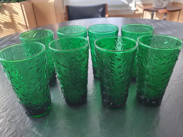 Vintage set 8 Anchor Hocking Lido Milano Forest Green tumblers glasses rippled