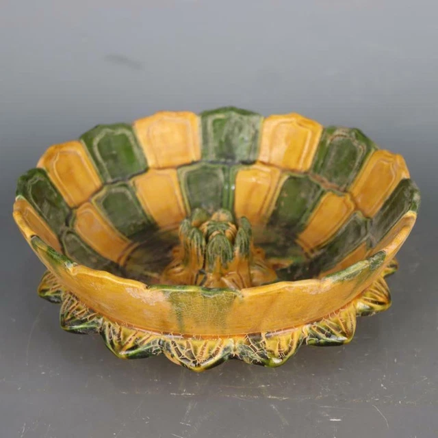 Chinese Tang Tri-Color Glazed Porcelain Hand Carving Lotus Shape Bowl 7.90 inch