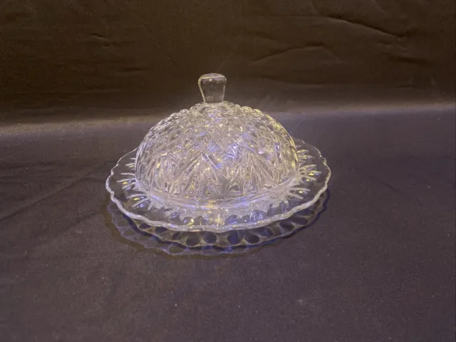 Clear Pressed Glass Round Covered Butter/Cheese Dome Dish With Lid