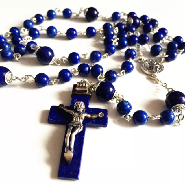 S925  Sterling Silver Lapis lazuli Beads & CROSS CATHOLIC Rosary NECKLACE BOX