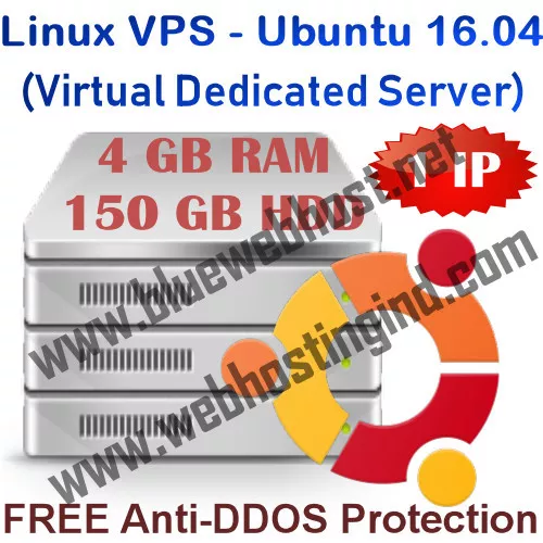 Linux VPS - Ubuntu 16.04 (Virtual Dedicated Server) 4GB RAM + 150GB HDD