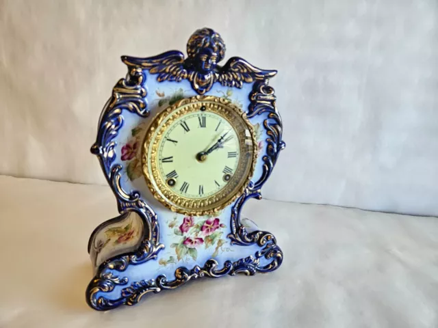 German Ansonia Porcelain Antique Mantle Clock Floral Pattern