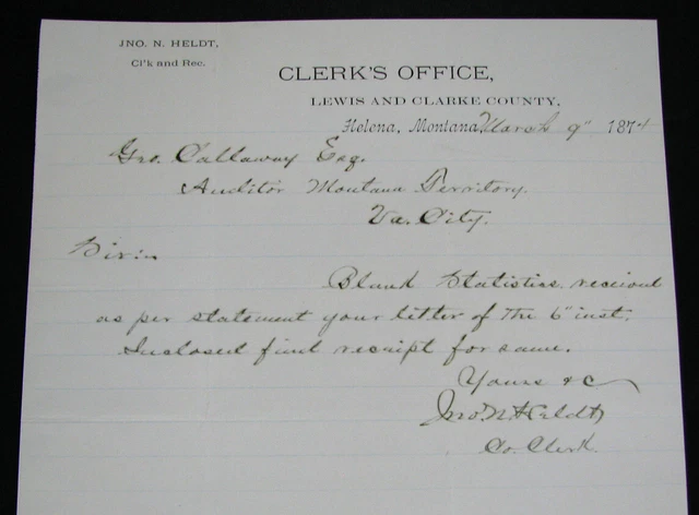 #262 - old 1874 HELENA, MONTANA Territory letterhead JNO. HELDT CLERK'S OFFICE
