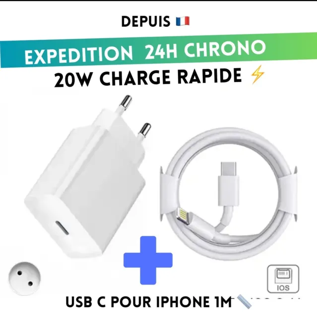 Chargeur Cable USB C+ Adaptateur 20W Rapide pour iPhone  13/12/11/XR/Xs/Max/8/7