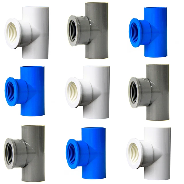 PVC Tee Connector 3-Way Water Pipe Fitting 2-Socket Solvent Weld x Female Thread