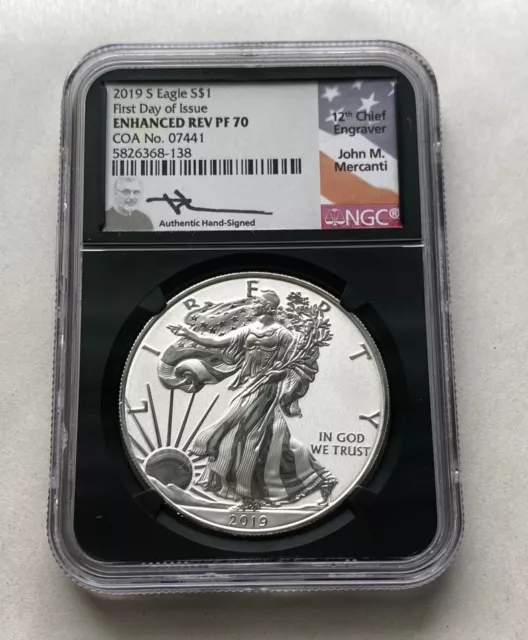 2019 S Enhanced Reverse Proof Silver American Eagle PF70 NGC Mercanti COA#07441