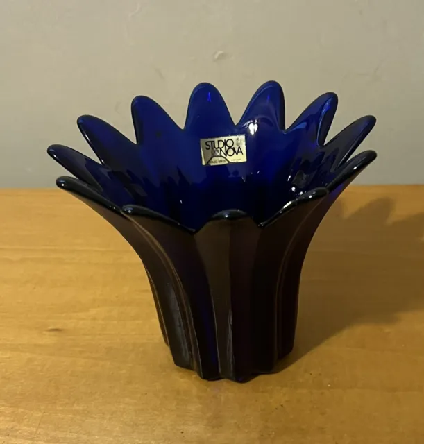 Vintage Studio Nova Art Glass Cobalt Blue Votive Candle Holder Or Vase Portugal