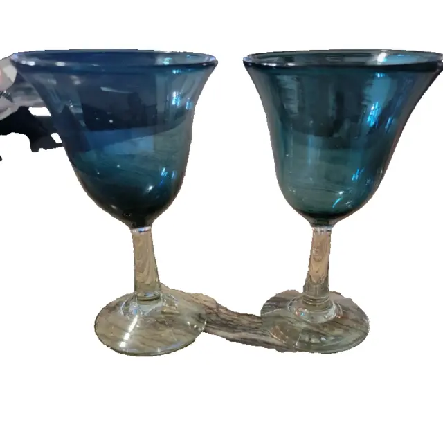 2 Artland Iris Emerald Blue Hand Blown Water/Ice Tea Goblets Glasses