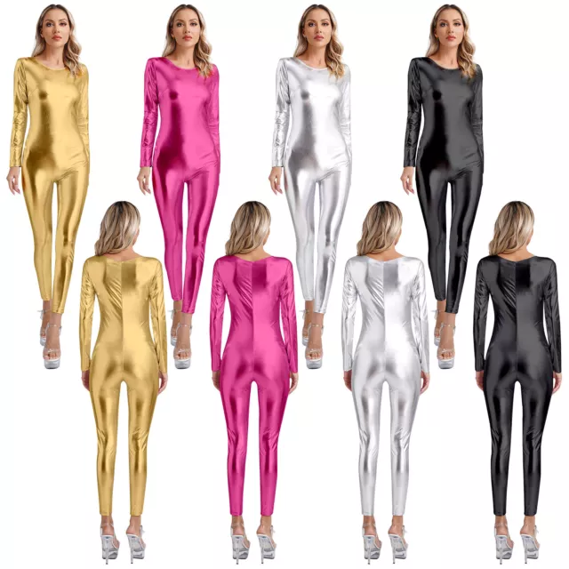 WOMENS LEOTARD GLOSSY Jumpsuit Metallic Shiny Unitard Sexy Full Body ...