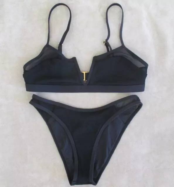 NEW L*SPACE Rib & Mesh Bikini Set Sadie Top/ Troy Bottom Size S Small Black $178