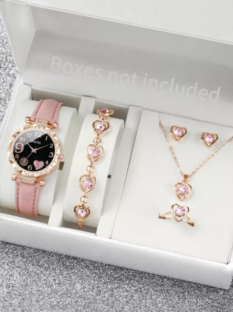 Watch Gift Set For Women Ladies Girls Mum Jewellery Heart Pink 6PCS