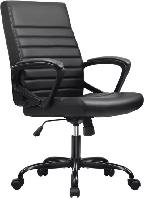 Mid Back Ribbed Desk Chair PU Leather Executive Office Chair Swivel Computer Cha