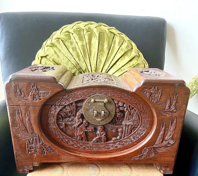 Antique Carved Chinese Camphor Wood 13 7/8 X 8 3/8” Excellent 🧡
