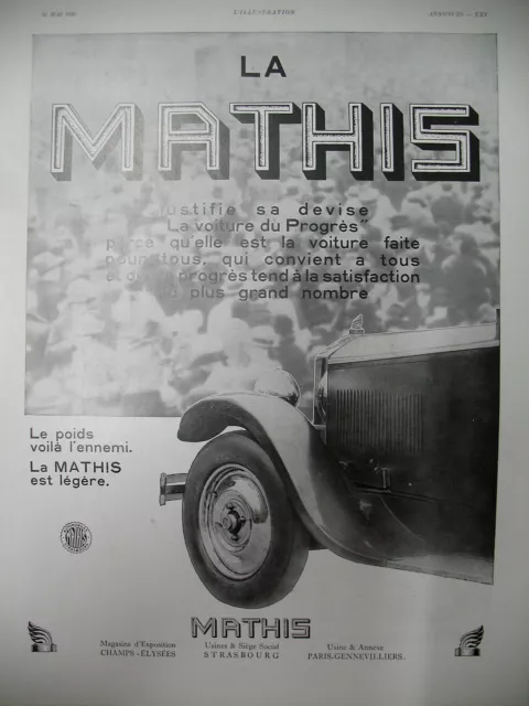 Publicite De Presse Mathis Automobile Du Progresfrench Advertising 1930