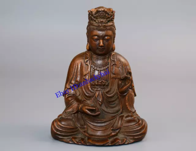 Old Chinese Boxwood Wood Hand Carving Guanyin Statue Figurines