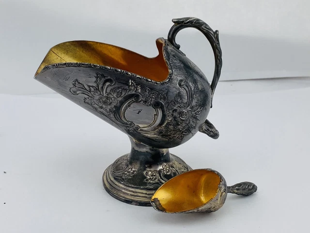 VTG Silverplate Sugar Scuttle Raimond Japan Gold Wash Ornate Floral Scoop Silver