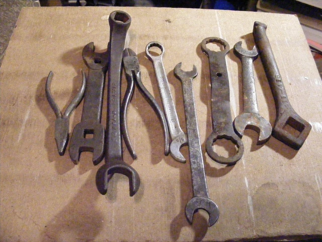 9 Antique Tools, Ford Wrench, Kraeuter Needle Nose Pliers, Utica Wire Cutter etc