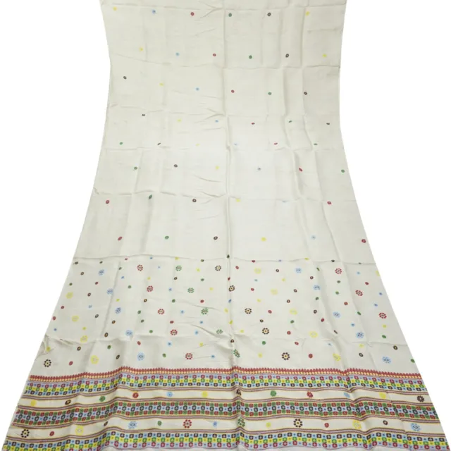 Vintage Off-White Sarees 100% Pure Silk Woven Indian Sari 5YD Decor Craft Fabric