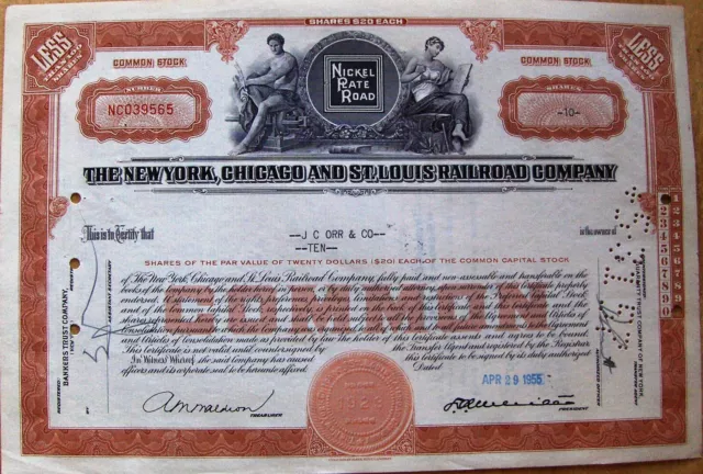 Stock certificate NEW YORK CHICAGO AND ST LOUIS Railroad Comp. Nickel Plate Road