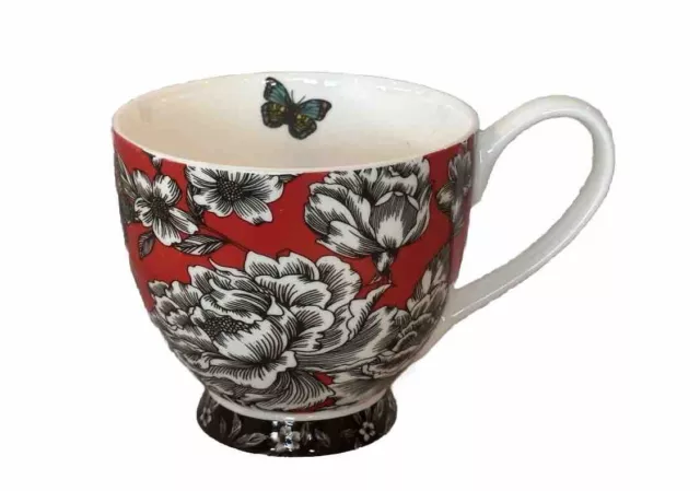 Portobello by Inspire Red Floral Mug Bone China Coffee Cup Butterfly Garden