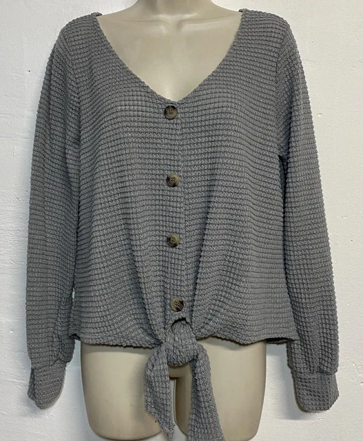 Blu Pepper Small Shirt Gray Waffle Knit Long Sleeve Button Knot Front Shirt