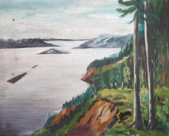 Antique oil painting landscape forest lake
