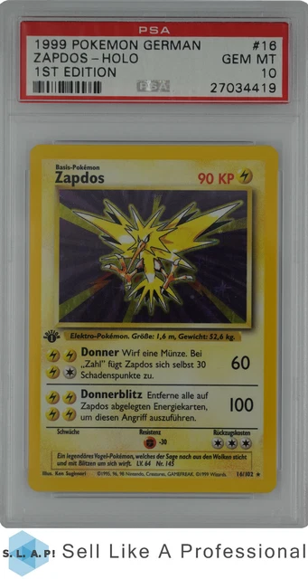 1999 Pokemon German Zapdos - Holo #16 16/102 1St Edition Psa 10