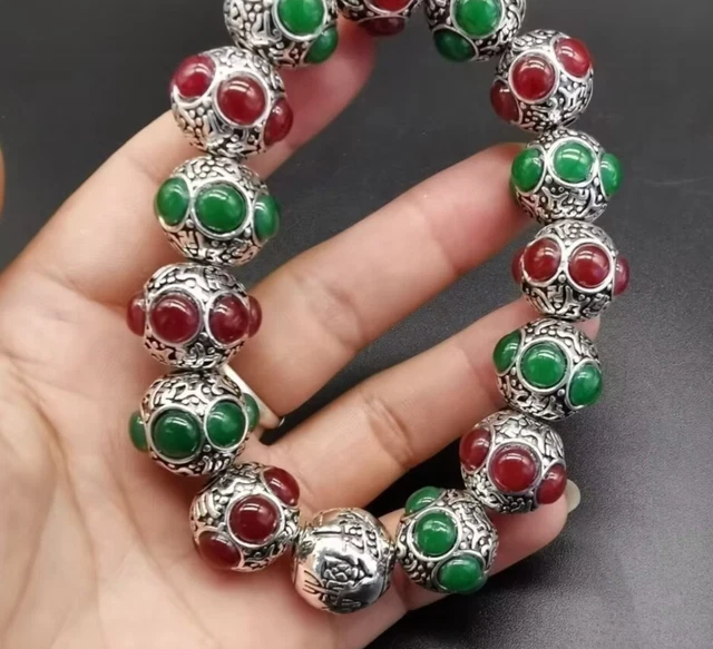 Early collectible ethnic silver gemstone inlaid hollow bracelet