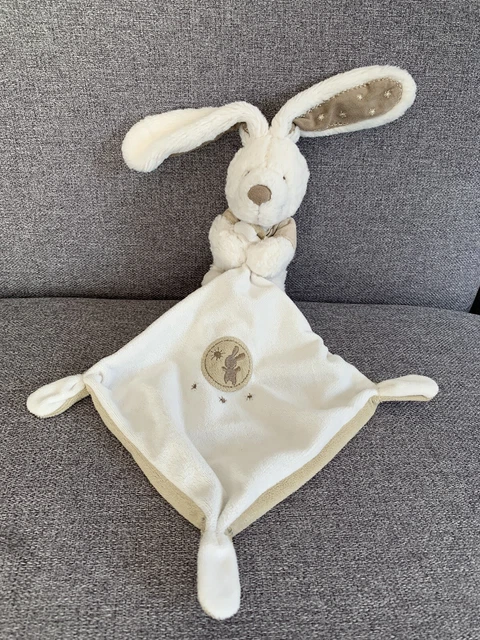 Pommette Doudou Lapin Avec Mouchoir Blanc Beige Marron