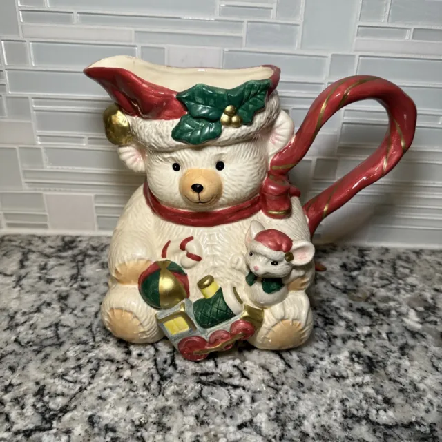 Fitz and Floyd Omnibus 1995 Christmas Teddy Bear 2.5 Quart Pitcher