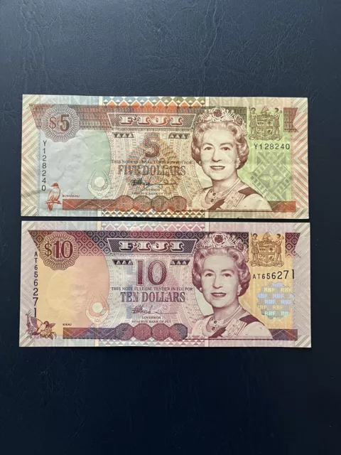 Fiji Dollar 5 & 10 Denomination Bank Notes Featuring Queen Elizabeth The 2nd.