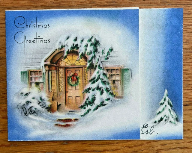 Vintage Christmas Greeting Card 1930s Art Deco Wreath Front Door Blue Background