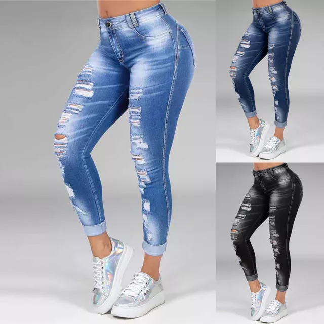 Womens Ripped High Waist Jeans Trousers Ladies Stretchy Skinny Fit Denim Pants