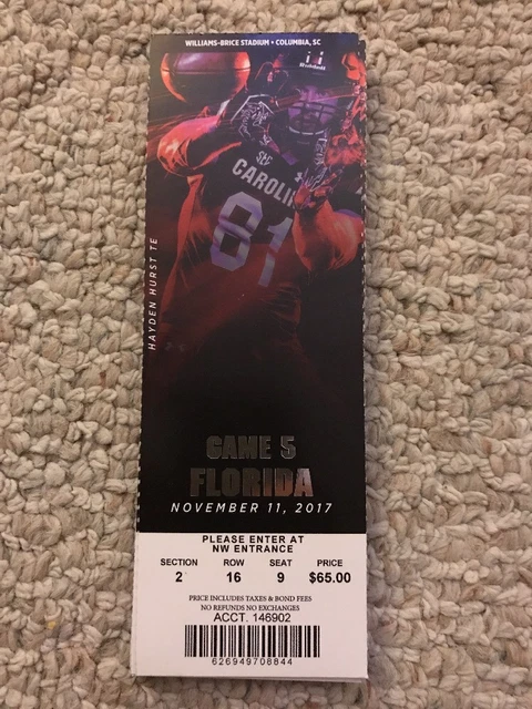 2017 South Carolina Gamecocks Vs Florida Gators Football Ticket Stub 11/11