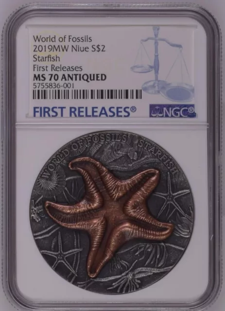 NGC MS70 FR Niue 2019 World of Fossils Starfish Antiqued Silver Coin 2oz