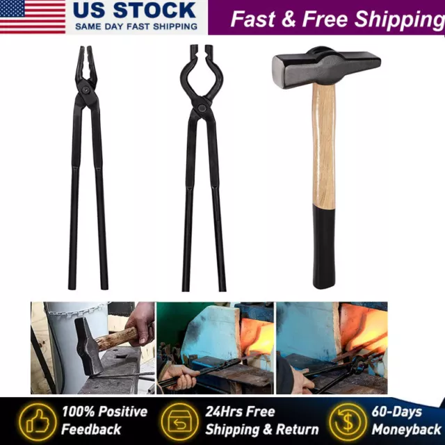 3x Beginner Knife Making Blacksmith Tongs Hammer Set Bladesmith Anvil Vise Forge